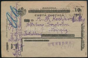 Kolozsvár 1920 10 bani felülnyomott díjjegyes levelezőlap, "BESZTERCZE" - Lipcse, Bodor vizsgálójellel