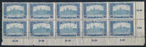 1919 Magyar Posta 95f ívsarki tízes tömb, alul téves ívszéli összegzési szám: a 19.00 helyett is 28.50. Ritka!