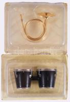 2 db mini hangszer: vadászkürt, bongo, dobozában 11 cm