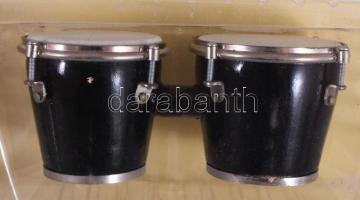 2 db mini hangszer: vadászkürt, bongo, dobozában 11 cm