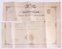 1898 Bp., a M. Kir. József Műegyetem által kiállított mérnöki bizonyítvány (absolutorium), Schimkó Gyula részére, Wartha Vince (1844-1914) kémikus, borász, az egyetem rektora, ill. Dr. Ilosvay Lajos (1851-1936) kémikus, az MTA alelnöke, a mérnöki szakosztály dékánjának autográf aláírásával, papírfelzetes viaszpecséttel, 1ft okmánybélyeggel, szakadt állapotban 60x45 cm