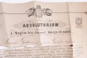 1898 Bp., a M. Kir. József Műegyetem által kiállított mérnöki bizonyítvány (absolutorium), Schimkó G...