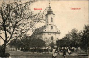 1910 Dombóvár, Templom tér. Bruck Sándor kiadása. + "ÚJDOMBÓVÁR PÁLYAUDVAR" (ragasztónyom / glue mark)
