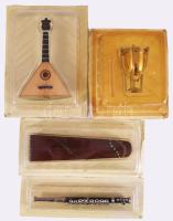 4 db mini hangszer, eredeti dobozában: timpani, balalajka, koto, piccolo. Kb 12 cm