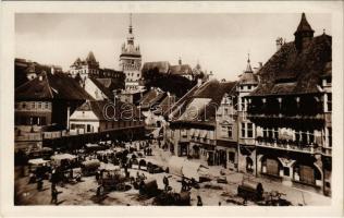 1930 Segesvár, Schässburg, Sighisoara; Farmacia La Coroana / Iparos palota, üzletek, gyógyszertár a Koronához, piac / palace, shops, pharmacy (EK)