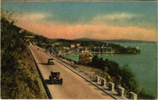 Trieste, Trieszt; Strada per Miramare. Fot. Sanzin, A. Scrocchi / road to Miramare, automobile, ELIOL advertisement (EK)