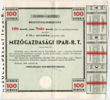 1946. Budapest "Magyar Czukoripar - Részvénytársaság" részvényelismervény 100db, egyenként 15P névértékű részvényről, szárazpecséttel, szelvényekkel, vízjeles papíron T:VF