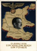 1938 Ein Volk, ein Reich, ein Führer! / Adolf Hitler, NSDAP German Nazi Party propaganda, map, swastika s: Professor Richard Klein + So. Stpl. (EB)