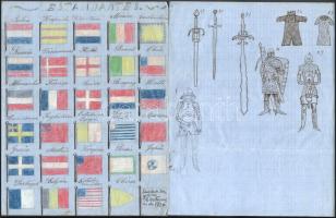 1886 Zászlók, fegyverek és páncélok színes rajzai 5 lapon