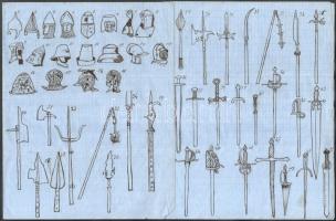 1886 Zászlók, fegyverek és páncélok színes rajzai 5 lapon