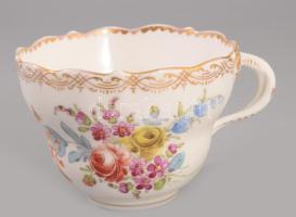 Meissen antik kézzel festett teás csésze, aljjal, jelzett, aranyozáson kopással, kardos jelzés, d: 1...