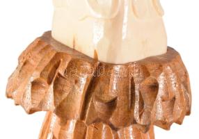 Faragott csont keleti szobor, női figura ábrázolással, fa talapzaton, m: 27 cm