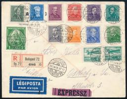 1936 Expressz ajánlott légi levél Németországba 3,01P bérmentesítéssel közte 10 különféle Arcképek bélyeg