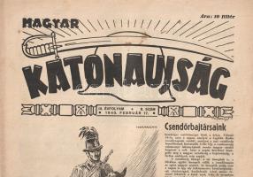 [Folyóirat] Magyar Katonaújság. Szerkeszti: Rózsás János. Megjelenik hetenként. III. évfolyam, 8. szám. (1940. február 17.) Vitézi Rend Zrínyi Csoportja - Stádium Sajtóvállalat Rt. 8 p. Folio. Az 1938-1944 között megjelenő, felvételekkel, rajzokkal gazdagon illusztrált katonai hetilap a Vitézi Rend Zrínyi Csoportjának folyóirata volt. Gazdagon illusztrált lapunk állandó rovatai közül a katonai és háborús eseményeket taglaló "Mi történt az elmúlt héten?" a legfontosabb, az ideológiai eligazodásban a "Nemzetvédelmi jegyzetek" rovat segít. Művelődéstörténeti rovata hadtörténelmi és országismereti anyagot hoz. Lapszámunk idején az európai háború szünetelt, egyedül a finn-szovjet háborúra korlátozódott, így a Magyar Katonaújság teljes terjedelmét a csendőrség és a leventeképzés témájának szentelheti. A tartalomból: Csendőrbajtársaink -- A m. kir. csendőrség ünnepe -- És mégis repülünk -- Az ifjúság katonai előképzése a múltban és a jelenben -- Leventék a rádióban -- Rendelet a nők önkéntes honvédelmi munkájának szervezéséről. Lapszámunk grafikáit Haranghy Jenő grafikusművész készítette. Folyóiratunk szerepel az Ideiglenes Nemzeti Kormány által 1945-ben betiltott művek jegyzékén.  Jó állapotú lapszám, hajtogatva, a hajtás mentén apró szakadásnyomokkal.