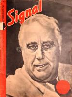[Folyóirat] Signal. Főszerkesztő: Wilhelm Reetz. Megjelenik 14 naponként. 4. évfolyam, 21. szám. (1943. novemberi 1. szám.) [Illusztrált propaganda folyóirat.] Berlin, 1943. Deutscher Verlag und Druckerei. 43 + [1] p. Folio. A Berlinben szerkesztett, német szerzők által írt, a németek által megszállt országokban és a németekkel szövetséges országokban terjesztett, gazdagon illusztrált, kétnyelvű háborús propaganda folyóirat értelemszerűen a tengelyhatalmak háborús felkészültségét méltatja, gondosan megszűrt háborús riportok bemutatásával, a haditechnika új eredményeinek bemutatásával. A belív 12 oldala színes felvételeket tartalmaz. Lapszámunk az 1943. szeptemberi olasz fegyverszüneti bejelentés után Olaszországra váró gyarmati sors részleteit elemzi: az elfoglalt területein bevezetett szigorú cenzúra után Itália kizárólag amerikai hírforrásokból tájékozódhat, korábbi, önellátásra épülő gazdasági rendszerét pedig az atlantista érdekek felül fogják írni. A Kominternről írt cikk a kommunista befolyás alá kerülés reális lehetőségeiről beszél, ez a veszély Franciaországban éppúgy fenyeget, mint az Egyesült Államokban. A tengelyhatalmak légi fölényéről írt esszében különösen gazdag fotóanyag. A keleti hadszíntéren a német helytállás hősiességét méltató cikk után 8 oldalnyi színes akvarell-melléklet. Lapszámunk magyar anyagában a berlini Magyar Intézetről készített beszámoló. A szórakoztató- és szépségipar frissebb hírei mellett a tipikus európai női arcélről készített fajbiológiai összeállítás. A folyóirat értelemszerűen szerepel az Ideiglenes Nemzeti Kormány által 1945-ben betiltott művek jegyzékén.  Példányunk fűzése enyhén meglazult, a borító elvált a belívtől. Fűzve, illusztrált, enyhén hiányos, sérült gerincű kiadói borítóban.