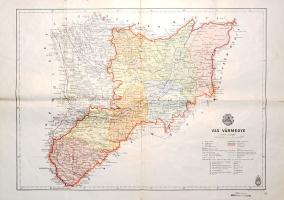 [Térkép] Vas vármegye térképe [a muravidéki bevonulás után]. Mérték: 1:335,000. (1941). [Budapest], 1941. Magyar Királyi Honvéd Térképészeti Intézet. Színes térkép, mérete: 295x415 mm egy 350x500 mm méretű térképlapon. Domborzati és vízrajzi részleteket is feltüntető térképünk a M. kir. Honvéd Térképészeti Intézet 1937-1941 között készült közigazgatási térképsorozatának tagja. Megyénk a trianoni döntés után elvesztette muraszombati, németújvári, felsőőri járását és kőszegi járásának nagyobbik felét, e területeken a Szerb-Horvát-Szlovén Királyság és Ausztria osztozott meg. A megye az 1941. év áprilisi muravidéki bevonulással visszanyerte muraszombati járását, illetve szentgotthárdi járása is kiegészült az Őrség nyugati területeivel. Térképünk feltünteti a megye egyvágányú vasútvonalait, első-, másod- és harmadrendű útjait és egyéb műútjait. A megye vasútvonalai Celldömölknél, Sárvárnál, Szombathelynél és Körmendnél futnak össze, a Muravidékre csupán egyetlen vasút visz. Megyénk települései közül kiemelkedik a két rendezett tanácsú város, Szombathely és Kőszeg; a jelentős hagyományokkal bíró városi települések: Celldömölk, Sárvár, Vasvár, Körmend, Szentgotthárd, Muraszombat térképünk tájékoztatása szerint csupán nagyközségnek számít. Döntően közigazgatási és közlekedésföldrajzi célokat szolgáló térképünk a megye csaknem egészét alkotó dombvidékre való tekintettel magassági adatokkal kiegészített domborzati, egyedülállóan gazdag vízkészlete miatt vízrajzi részleteket is közzétesz. Térképünkön piktogramok jelzik a megye bányáit, kastélyait, jelentősebb templomait és várromjait. Egyes települések mellett magassági jelzés. Jelmagyarázat a jobb alsó sarokban, a címsor felett a megye címere lebeg, a kiadási év a bal alsó sarokban (1941). A jobb alsó sarokban kereskedői bélyegzés. A hajtások mentén apró sérülések, jobb oldalt apró foltosság, a hátoldalon kisebb foltosság. Jó állapotú lap, hajtogatva.