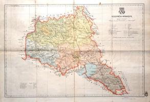 [Térkép] Veszprém vármegye térképe. Mérték: 1:335,000. (1941). [Budapest], 1941. Magyar Királyi Honvéd Térképészeti Intézet. Színes térkép, mérete: 295x445 mm egy 350x500 mm méretű térképlapon. Domborzati és vízrajzi részleteket is feltüntető térképünk a M. kir. Honvéd Térképészeti Intézet 1937-1941 között készült közigazgatási térképsorozatának tagja. A Dunántúl szívében található, nyugat-keleti irányban hosszan elnyúló megyénket a trianoni határmódosítások és az 1938-1941 közötti bővülések nem érintették. Megyénk alakja azonban erősen eltér mai alakjától: az 1950-es megyerendezések során keleten némely területeit elvesztette (a Balaton alá nyúló enyingi járás egészét, valamint a zirci járás északkeleti negyedét), cserébe Zala megye rovására kiegészült a balatonfüredi, a tapolcai, a sümegi, és 1978-ig a keszthelyi járással. Térképünk feltünteti a megye vasútvonalait, első-, másod- és harmadrendű útjait és egyéb műútjait: megyei vasúthálózatunk érdemben azóta sem fejlődött, észak-bakonyi vasútját pedig napjainkban veszítette el. Emlékezetes részleteket megörökítő megyetérképünk települései közül kiemelkedik a két rendezett tanácsú város, Veszprém és Pápa; a jelentős turisztikai, kulturális hagyománnyal vagy ipari potenciállal bíró városi települések: Balatonalmádi, Siófok és Zirc, valamint Várpalota és Ajka térképünk tájékoztatása szerint csupán nagyközségnek számít. Döntően közigazgatási és közlekedésföldrajzi célokat szolgáló térképünk a megye hegyvidéki alkatára való tekintettel magassági adatokkal kiegészített domborzati, gazdag vízkészlete miatt vízrajzi részleteket is közzétesz. Térképünkön piktogramok jelzik a megye gazdasági és kulturális erőforrásait: bányáit, kastélyait és várromjait. Egyes települések mellett magassági jelzés. Jelmagyarázat a jobb felső sarokban, a címsor felett a megye címere lebeg, a kiadási év a bal alsó sarokban (1941). A jobb alsó sarokban kereskedői bélyegzés, az elő- és hátoldalon kisebb elszíneződés. Jó állapotú lap, hajtogatva.