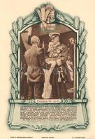 [Aprónyomtatvány] Horthy Miklós a magyar kenyér ünnepén, Szabadkán, 1941. július 27-én. Politikai aprónyomtatvány, Légrády Sándor grafikájával. (1941). Budapest, 1941. Nemzetpolitikai Szolgálat - Athenaeum ny. Egyetlen lap, mérete: 220x138 mm. Politikai aprónyomtatványunk fókuszában Horthy Miklós szabadkai kenyérszentelő ünnepségén készült, a kormányzót és nejét, valamint egy háttal álló parasztembert ábrázoló felvétel, melyet Légrády Sándor díszes kerete vesz körbe. Alul részlet a kormányzó elhangzott beszédéből. Jóllehet a magyar kenyér eredendően július 15-én tartott ünnepét már az 1920-as évektől Szent István napjához, augusztus 20-ához kötötték, kiadványunk tájékoztatása szerint a Délvidék visszatérésének évében, 1941-ben a magyar kenyér ünnepét - legalábbis Szabadkán - előbbre hozták. Jó állapotú lap. Ritka.
