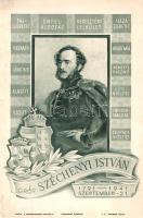[Aprónyomtatvány] Gróf Széchenyi István emléklapja, születésének 150. évfordulója alkalmából. Politikai aprónyomtatvány, Légrády Sándor grafikájával. (1941). Budapest, 1941. Nemzetpolitikai Szolgálat - Athenaeum ny. Egyetlen lap, mérete: 215x150 mm. Politikai aprónyomtatványunk a Széchenyi István születésének 150. évfordulóján tartott megemlékezés alkalmából készült. Széchenyi István portréja körül Légrády Sándor grafikusművész kerete, a portré körül Széchenyi programjának örökbecsű jelszavai (fajszeretet, önfeláldozás, keresztény lelkület, Vaskapu, Lánchíd, Alagút, Nemzeti Kaszinó). Jó állapotú lap, bal felső sarkában apró foltossággal. Ritka.