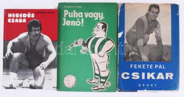 3 db sportolók által dedikált életrajzi könyv:  Pongrácz György: Puha vagy, Jenő! Dalnoki Jenő (1932-2006) olimpiai bajnok labdarúgó, edző, az Aranycsapat tagja, a Ferencváros (FTC) emblematikus figurája által dedikált példány. Bp., 1984, Népszava. Kiadói papírkötés.  Fekete Pál: Csikar. Sándor Károly "Csikar" (1928-2014) labdarúgó által dedikált példány, hozzá Sándor Károly dedikált fotójával. Bp., 1965, Sport. Kiadói félvászon-kötés, sérült kiadói papír védőborítóban.  Szekeres István: Hegedűs Csaba. Hegedűs Csaba (1948- ) olimpiai bajnok birkózó, edző, sportvezető által dedikált példány. Bp., 1981, Sport. Kiadói kartonált papírkötés, a borítón kis sérüléssel.