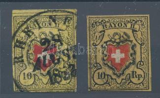 Svájc 1850 Ryan II 10Rp sárga, illetve dohány sárga két színváltozat Mi 8 II luxus darabok RR! (Mi EUR 260.-)