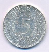 Német Szövetségi Köztársaság 1968D 5M Ag kapszulában, tanúsítvánnyal. T:XF Federal Republic of Germany 1968D 5 Mark Ag in capsule, with certificate. C:XF Krause KM#112