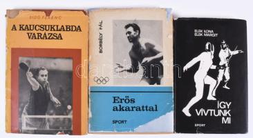 3 db sportolók által dedikált életrajzi könyv:  Borbély Pál: Erős akarattal. Polyák Imre (1932-2010) olimpiai bajnok kötöttfogású birkózó által dedikált példány. Bp., 1966, Sport. Kiadói egészvászon-kötés, sérült kiadói papír védőborítóban.  Elek Ilona - Elek Margit: Így vívtunk mi. Elek Ilona (Hepp Lászlóné, "Csibi") (1907-1988) többszörös olimpiai bajnok és világbajnok tőrvívó, a magyar sport első női olimpiai aranyérmese által dedikált példány. Bp., 1968, Sport. Kiadói egészvászon-kötés, kissé sérült kiadói papír védőborítóban.  Sidó Ferenc: A kaucsuklabda varázsa. Sidó Ferenc (1923-1998) kilencszeres világbajnok asztaliteniszező, labdarúgó, edző, sportvezető által dedikált példány. Bp., 1964, Sport. Kiadói félvászon-kötés, szakadt kiadói papír védőborítóban.