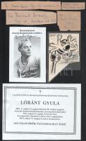 Aranycsapat aláírás-gyűjtemény:  Puskás Ferenc (1927-2006) aláírása karikatúrán  Buzánszky Jenő (1925-2015) aláírása őt ábrázoló nyomtatványon  Lantos Mihály, Grosics Gyula, Budai László és Bozsik József autográf sorai borítékokról származó kivágásokon  + Lóránt Gyula gyászjelentése (fénymásolat)
