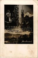 Beszterce, Bistritz, Bistrita; Karácsonyi üdvözlet, látkép, templom / Christmas greeting, general view, church. photo (EB)