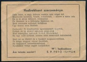 S.P. Futó István 99% hadirokkant szerzeménye röplap, szakadással, 10x15 cm