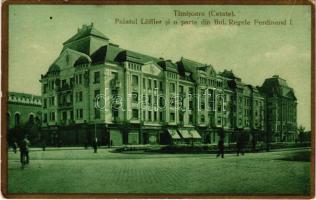 Temesvár, Timisoara; Palatul Löffler si o parte din Bul. Regele Ferdinand I. / Löffler palota, kerékpár, üzletek / palace, bicycle, shops (gyűrődés / crease)