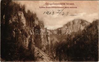1913 Gyergyói-havasok, Muntii Giurgeu (Gyergyószentmiklós, Gheorgheni); Gyilkos-havas a kőképződményű Mária-szoborral. Burján és Székely kiadása / mountain