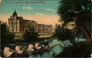 1916 Temesvár, Timisoara; Józsefváros Bega szabályozó palota, evezősök. Feder R. Ferenc felvétele és kiadása / river regulation palace, rowers (kopott sarkak / worn corners)