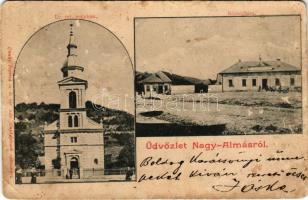 1901 Nagyalmás, Almasu Mare; Református templom, Községháza. Dunky Fivérek cs. és kir. udv. fényképészek felvételek / Calvinist church, town hall (gyűrődések / creases)