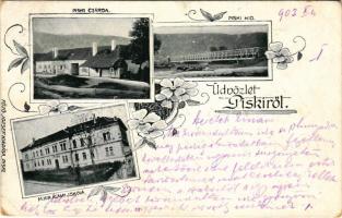 1903 Piski, Simeria; csárda, vasúti híd, m. kir. állami iskola. Főző József kiadása, szecessziós-virágos keret / inn, railway bridge, school. Art Nouveau, floral (kopott sarkak / worn corners)