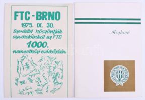 1974 FTC 1000. nemzetközi mérkőzése emléklap + 1975 FTC díszközgyűlés meghívó