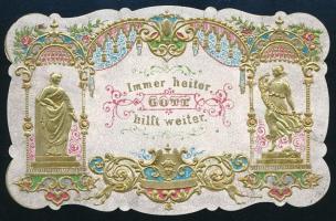 cca 1890-1900 Dekoratív, aranyozott, dombornyomott szentkép, német nyelvű felirattal, 6x9,5 cm