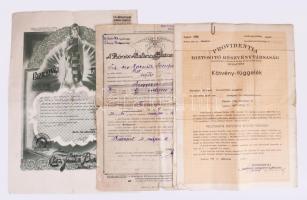 1931-1938 3 db biztosítási kötvény: Magyar Élet- és Járadék-Biztosító Intézet, Phönix Általános Biztosító Társaság, Providentia Biztosító Részvénytársaság, változó állapotban