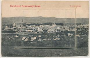 1910 Szamosújvár, Gherla; A város látképe, leporellolap 10 képpel: görögkatolikus templom, örmény templom, árvaház, fegyintézet, huszár laktanya. Haragay Miklós utóda Perint Gerő kiadása / view, leporello card with 10 images: Greek Catholic church, Armenian church, orphanage, jail, hussar military barracks