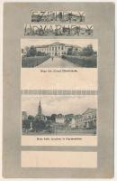 1909 Székelyudvarhely, Odorheiu Secuiesc; Magyar királyi állami főreáliskola, Római katolikus templom és főgimnázium, montázs. Szentpétery Károly utóda kiadása / school, Roman Catholic church and high school, montage + "SZÉKELY UDVARHELY - SEGESVÁR 134. SZ." vasúti mozgóposta bélyegző (fl)