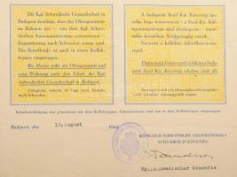 1944 A budapesti Svéd Kir. Követség védőútlevele (SchutzPass) Elek Pál részére, 1944. augusztus 19.,...
