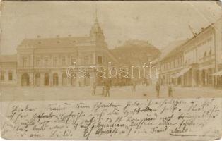 1899 Déva, Fő tér, Holtzer Károly, Szőcs F. Lajos, Hirsch Testvérek, Farkas üzlete, vár / main square, shops, castle. photo (kis szakadások / small tears)