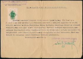 1943 Körmend, Batthyány-Strattmann herceg uradalmának központi irodája által kiállított szolgálati bizonyítvány Batthyány-Strattmann László várkastélyában alkalmazásban állt inas részére, aláírással, 1P okmánybélyeggel