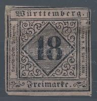 Német államok - Württemberg 1851 18kr Mi 5 hibás, hiányos, elvékonyodott darab így is nagyon ritka / demaged, thin paper (*Mi EUR 2.300.-) garancia nélkül / no guarantee