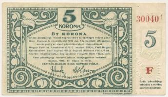 1919. Sopron 5K pénztárjegy "F 5214" sorszámmal, "Magyar Bank és Kereskedelmi Részvénytársaság Fiókja - Sopron Széchenyi tér 18" szárazbélyegzővel T:F erős papír Adamo SOP-6.1