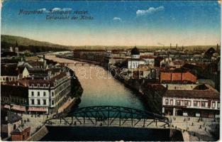 Nagyvárad, Oradea; Körös-parti részlet, zsinagóga, híd, Gazdasági Iparbank / Cris riverside with bridge, synagogue, bank (EK)