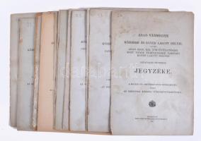 Vármegyék községeinek jegyzékei, 12 füzet: Arad; Abauj-Torna; Baranya; Békés; Csanád; Csongrád, Hajdu; Szatmár; Tolna; Torontál; Vas; ill. Veszprém vármegye községei és egyéb lakott helyei hivatalos neveinek jegyzéke. Bp., 1903-1911, Országos Községi Törzskönyvbizottság. Kiadói tűzött papírkötés, változó állapotban, közte foltos, sérült, szétvált borítókkal.