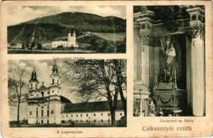 Csíksomlyó, Sumuleu Ciuc; látkép, Kegytemplom, Csodatevő Szűz Mária szobor. Kiadja Gust és Puskás fényképészete / pilgrimage church, Virgin Mary statue (EB)
