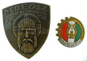 1938. "MDEOSZ Székesfehérvár (Magyar Dalos Egyesületek Országos Szövetsége)" bronz fém jelvény ép tűvel (31x36mm) + ND (~1930.) "Diósgyőri Együttes" zománcozott bronz dalos jelvény (20mm) T:AU,XF egyiken patina