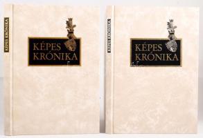 Képes Krónika I-II. kötet. [Latin nyelvű hasonmás és magyar nyelvű tanulmánykötet.] A latin eredeti magyar fordítása, Bellus Ilona munkája, Kristó Gyula, Dercsényi Dezső, Csapodiné Gárdonyi Klára kísérőtanulmányaival. [Bp., 1987.], Helikon Kiadó - Kner Nyomda, Békéscsaba), 73 t. (kétoldalas) + [6] p.; 142 + [6] p. A Krónika-kötet minden oldala színes, számos oldalán aranyozással. A tanulmánykötet tartalma: Képes Krónika (Fordította Bellus Ibolya) - Jegyzetek (Összeállította: Kristó Gyula) - Dercsényi Dezső: A Képes Krónika és kora - Kristó Gyula: A Képes Krónika szerzője és szövege - Csapodiné Gárdonyi Klára: A Képes Krónika kódexének leírása, története és illusztrációi. Számozatlan példány! Kiadói aranyozott, illusztrált egészműbőr-kötésben, kiadói kartontokban, jó állapotban.